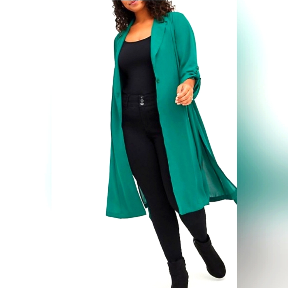 TORRID Green chiffon long sleeve pocket trench